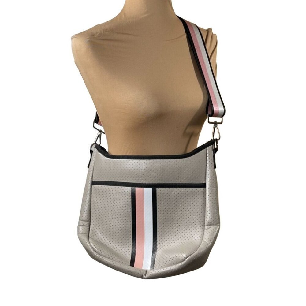 The Blake Haute Shore Crossbody Taupe Pink Black Neoprene Lined